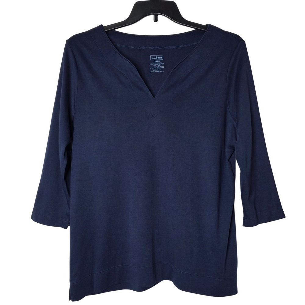 LL Bean Navy Blue Supima Cotton Split V-Neck 3/4 Sleeve Tee Shirt Large 300325